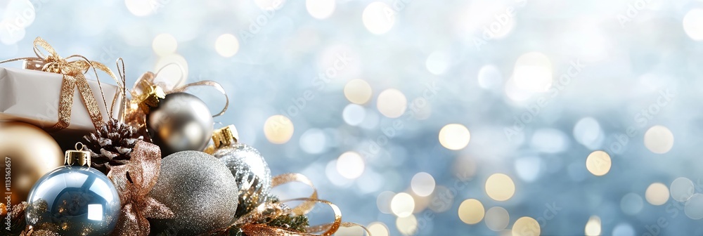 Elegant Christmas Decorations: Silver, Gold, and White Festive Ornament Arrangement