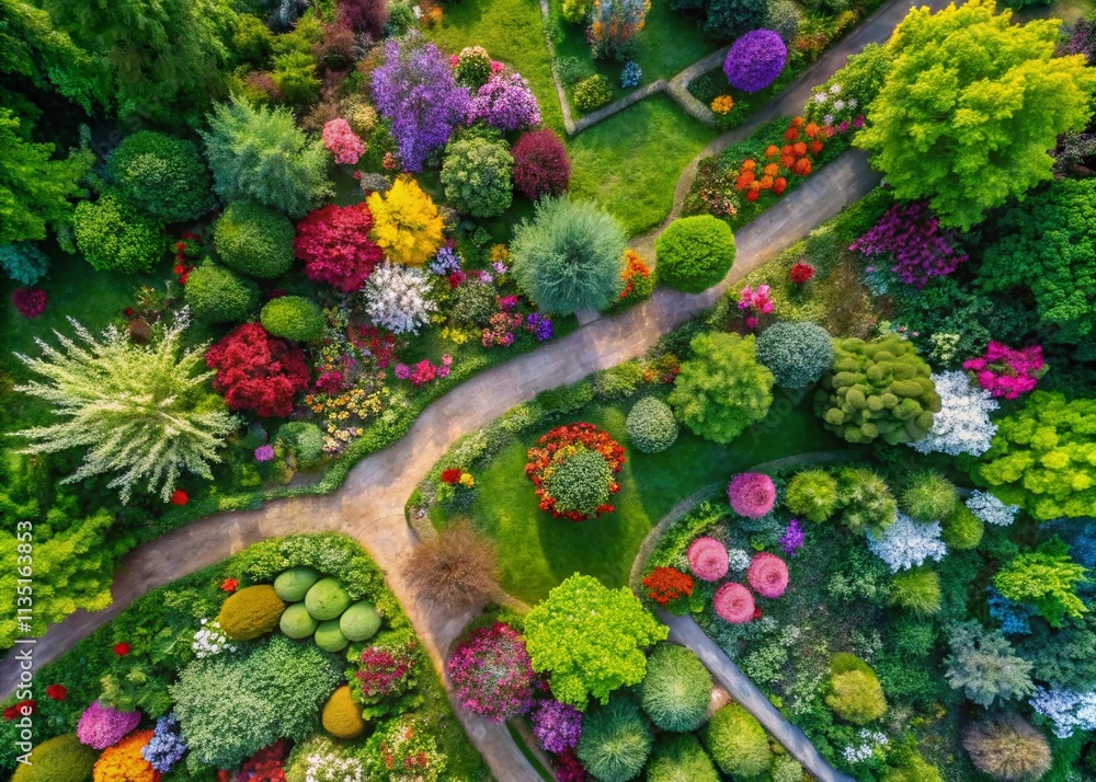 Fototapeta premium Stunning Aerial View of a Vibrant Garden Filled with Watercolor-Style Floral Illustrations, Perfect for Botanical Art, Home Decor, and Nature-Inspired Themes