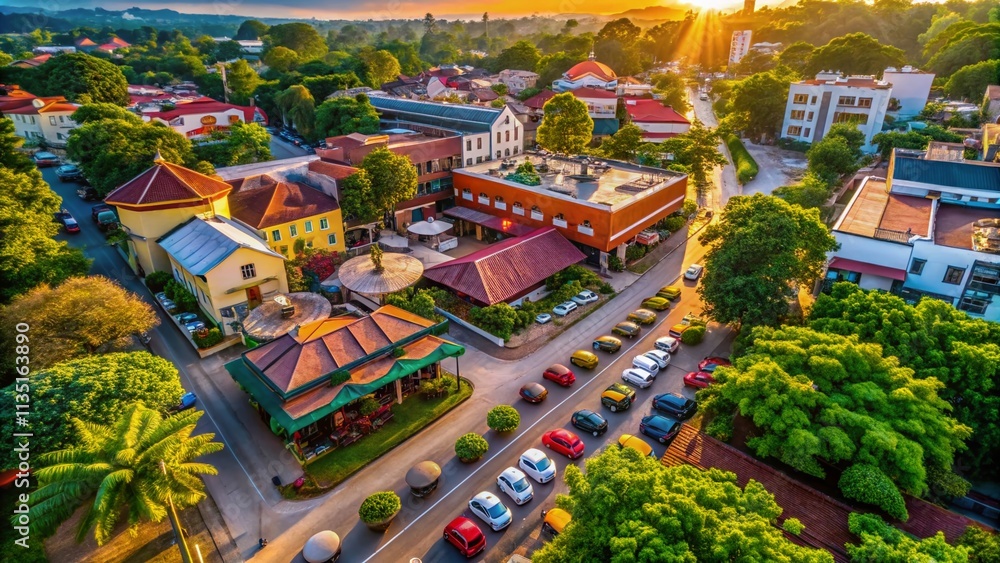 Stunning Aerial View of Beautiful Coffee Neighborhoods with Quaint Cafes Surrounded by Lush Greenery Isolated on a Bright White Background Stunning Aerial View of Beautiful Coffee Neighborhoods with Quaint Cafes Surrounded by Lush Greenery Isolated on a Bright White Background