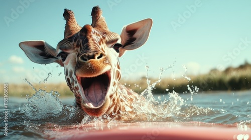 A lively giraffe splashes energetically through a body of water, creating waves and droplets, surrounded by green foliage on a sunny day, sporting a joyful expression. photo