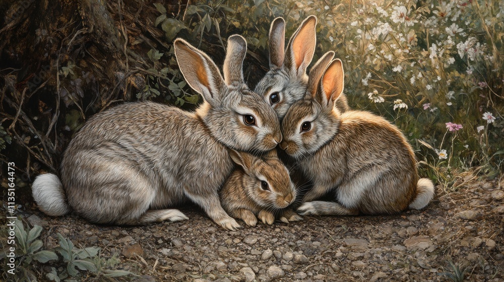 Three rabbits grooming in a tranquil scenic setting Three rabbits grooming in a tranquil scenic setting