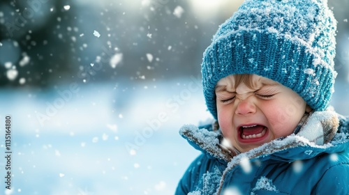 A child vents distress in an outdoor snowy setting, clad in a blue winter coat and matching hat, perfectly capturing the fleeting emotional moments of childhood in wintertime. photo