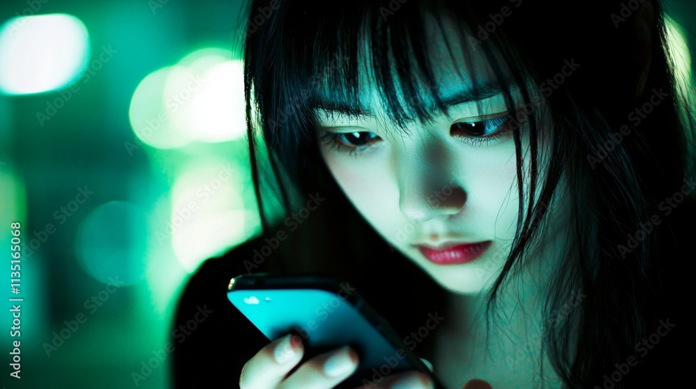 Close-up of a young girl engrossed in her smartphone at night. A captivating portrait of a teenager's focus on digital communication. Close-up of a young girl engrossed in her smartphone at night. A captivating portrait of a teenager's focus on digital communication.