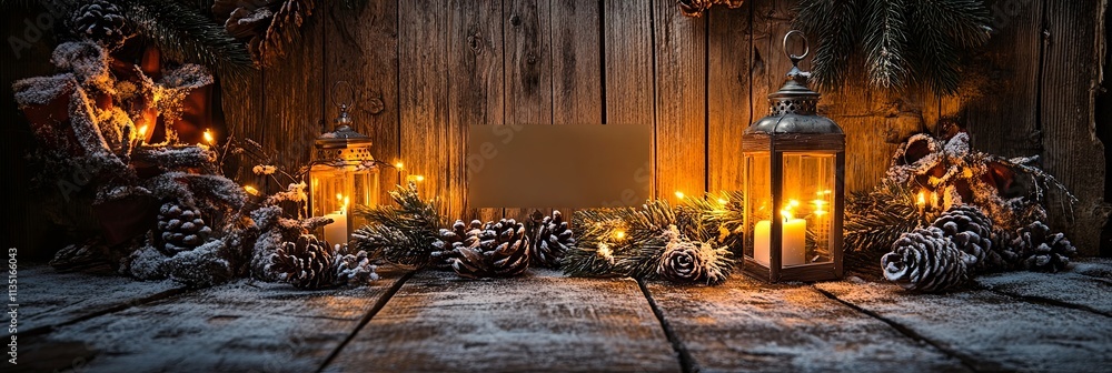 Cozy Winter Night Scene with Burning Lanterns and Pine Cones Cozy Winter Night Scene with Burning Lanterns and Pine Cones