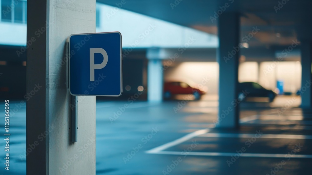 Fototapeta premium Underground Parking Garage with Blue Sign