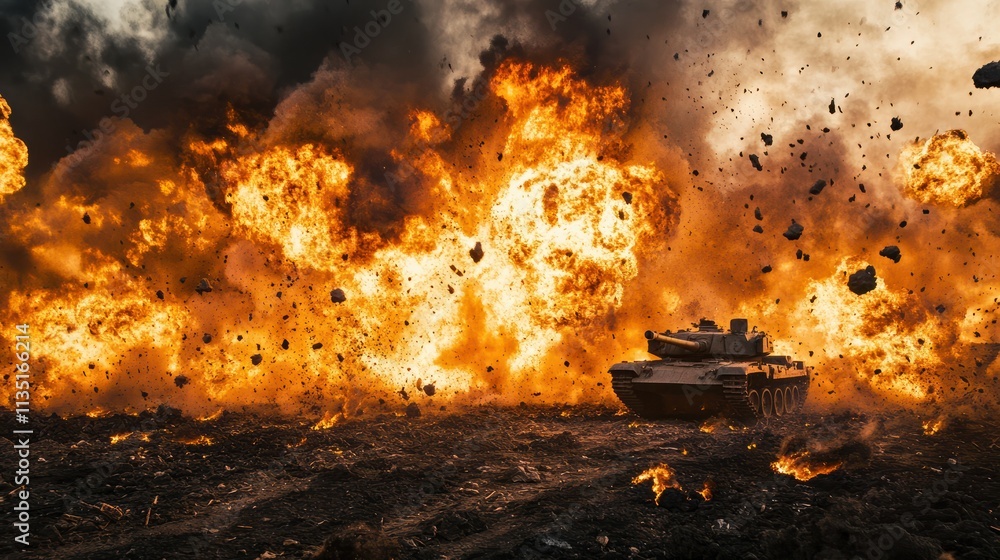 This cinematic image depicts a dramatic tank battle amidst intense fiery explosions, capturing the raw intensity and devastating impact of heavy armed conflict. This cinematic image depicts a dramatic tank battle amidst intense fiery explosions, capturing the raw intensity and devastating impact of heavy armed conflict.