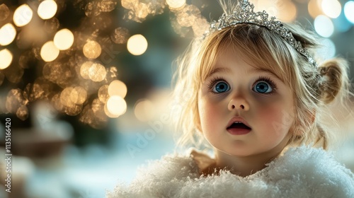 A spellbound child, wrapped in a fluffy garment, gazes at sparkling lights with wide-open eyes. Her look of awe captures the magic of a moment. photo