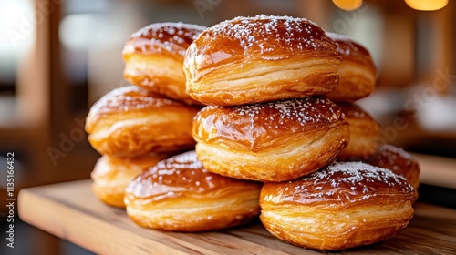 A delectable stack of glazed doughnuts, each with fluffy interiors and a golden-brown exterior, is artfully arranged on a wooden display for a tempting visual treat.