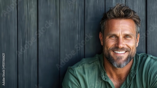 A smiling man in a green shirt poses casually against a wooden wall, embodying warmth and approachability with a touch of rustic charm in a modern setting. photo