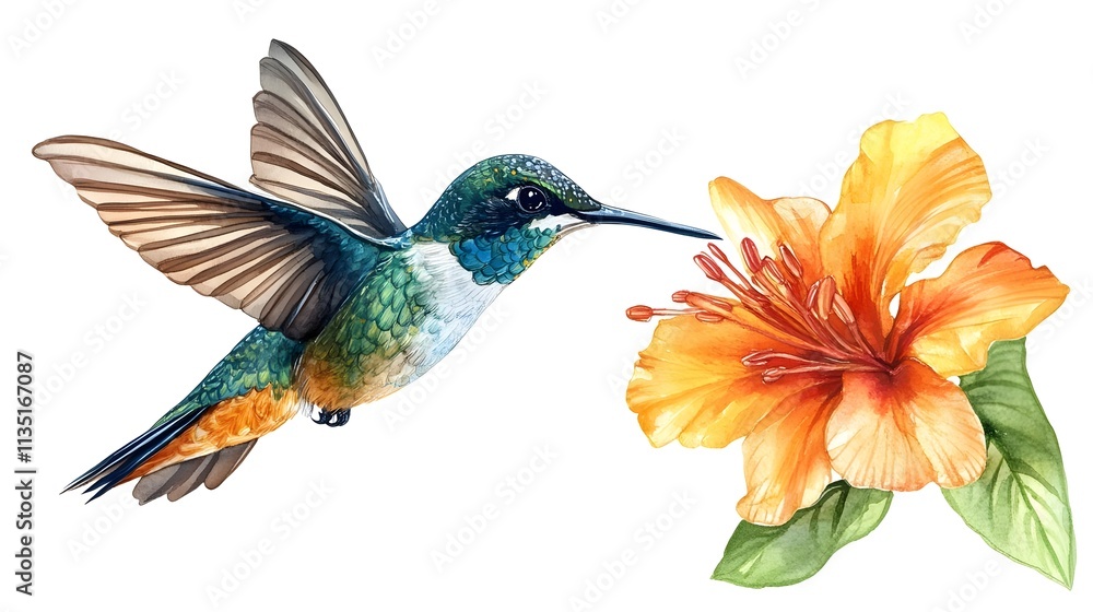 Obraz premium Vibrant Hummingbird Approaching Exotic Flower in Stunning Watercolor Style, Capturing Nature's Beauty with Delicate Details and Vivid Colors in Artistic Composition