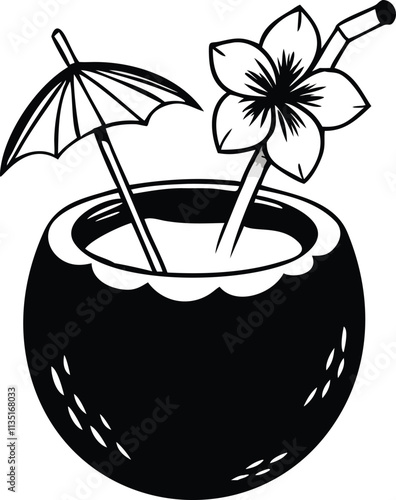 Summer tropic coconut cocktail. Exotic fruit hawaiian drink hand drawn art. Cool doodle vector illustration isolated white background. Trendy line art for coloring book, t-shirt print, logo design