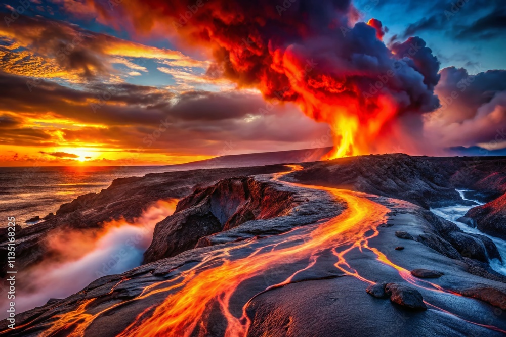 Stunning Candid Photography of Red Hot Lava Flowing Like a Glowing River at Sunset During Mauna Loa Volcanic Eruption on Big Island, Hawaii Stunning Candid Photography of Red Hot Lava Flowing Like a Glowing River at Sunset During Mauna Loa Volcanic Eruption on Big Island, Hawaii