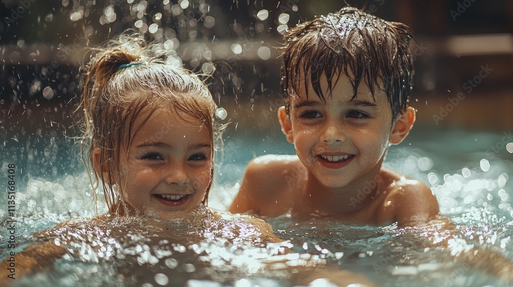 Obraz premium Two young children are playing in a pool, smiling and enjoying themselves