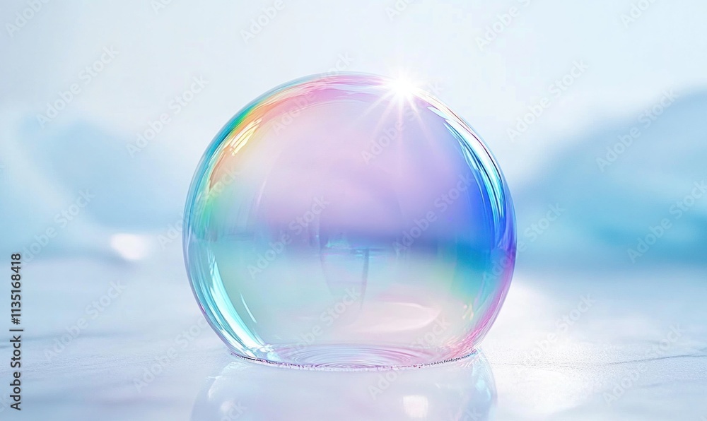 Iridescent soap bubble on marble surface with soft light. Iridescent soap bubble on marble surface with soft light.