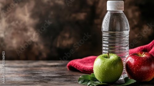 Chilled bottled drink stands amidst a duo of apples, one being tart green, the other sweet red, set against a rich, textured backdrop enhancing their freshness. photo