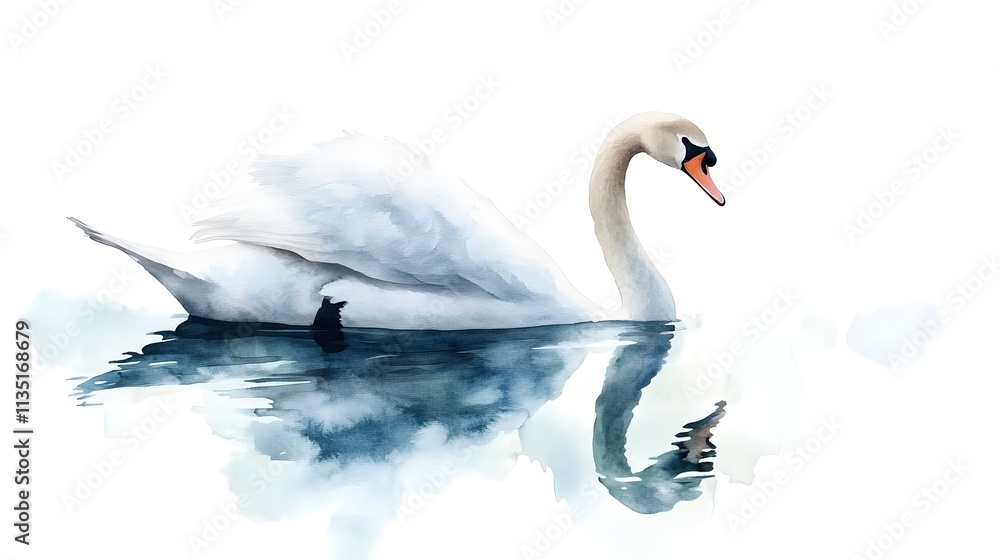 Fototapeta premium Beautiful White Swan Swimming Gracefully in a Tranquil Lake with Reflection, Elegant Bird Art with Soft Colors and Gentle Waves Capturing Serenity in Nature