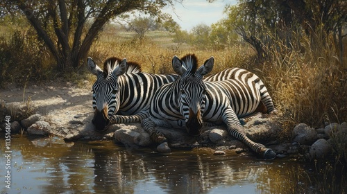 Two wild zebra resting. together in Africa