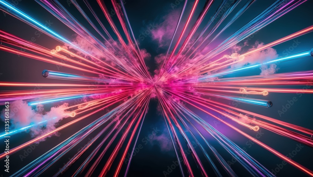 Vibrant laser beam explosion with neon lights in pink, blue, and white hues, surrounded by colorful smoke, creating an energetic atmosphere. Vibrant laser beam explosion with neon lights in pink, blue, and white hues, surrounded by colorful smoke, creating an energetic atmosphere.