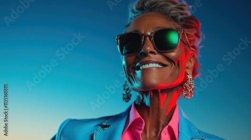 An elegant elderly woman in chic sunglasses, smiling brightly, framed by dynamic colored lighting that highlights her stylish attire and confident presence. photo