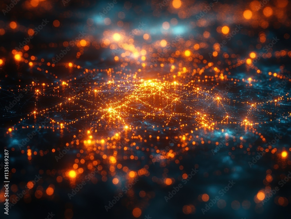 Fototapeta premium Abstract Network Connections Glowing Orange and Blue Nodes Representing Global Data Flow and Digital Technology