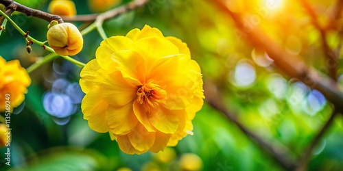 Stunning Cochlospermum Regium Flower Blooms in Chiangmai, Thailand - Vibrant Yellow Petals Against a Lush Green Background with Ample Copy Space for Text or Branding photo