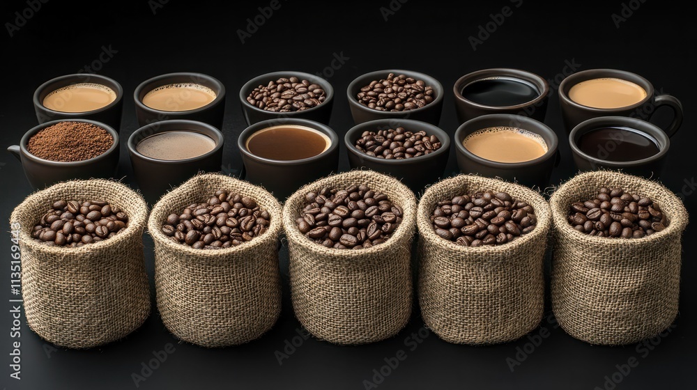 Variety of cups of coffee and coffee beans in burlap sack on black background. Variety of cups of coffee and coffee beans in burlap sack on black background.