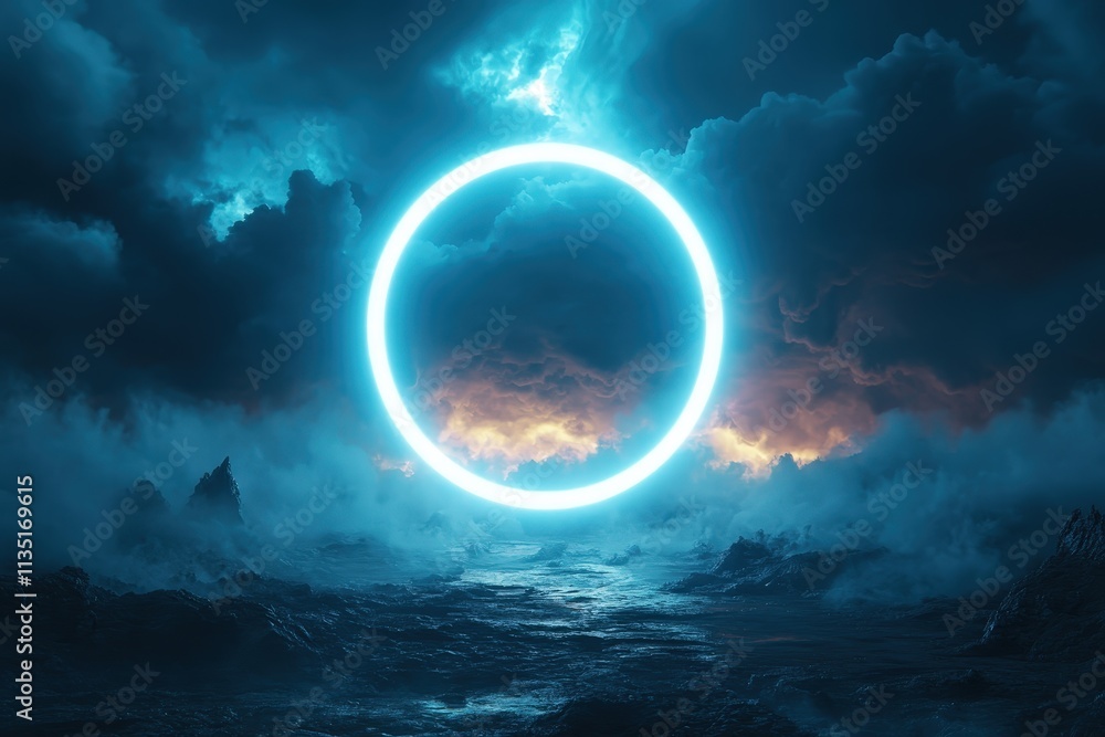 Fototapeta premium Abstract 3D render, glowing neon ring, storm cloud, dark sky, high contrast, vibrant colors, detailed textures