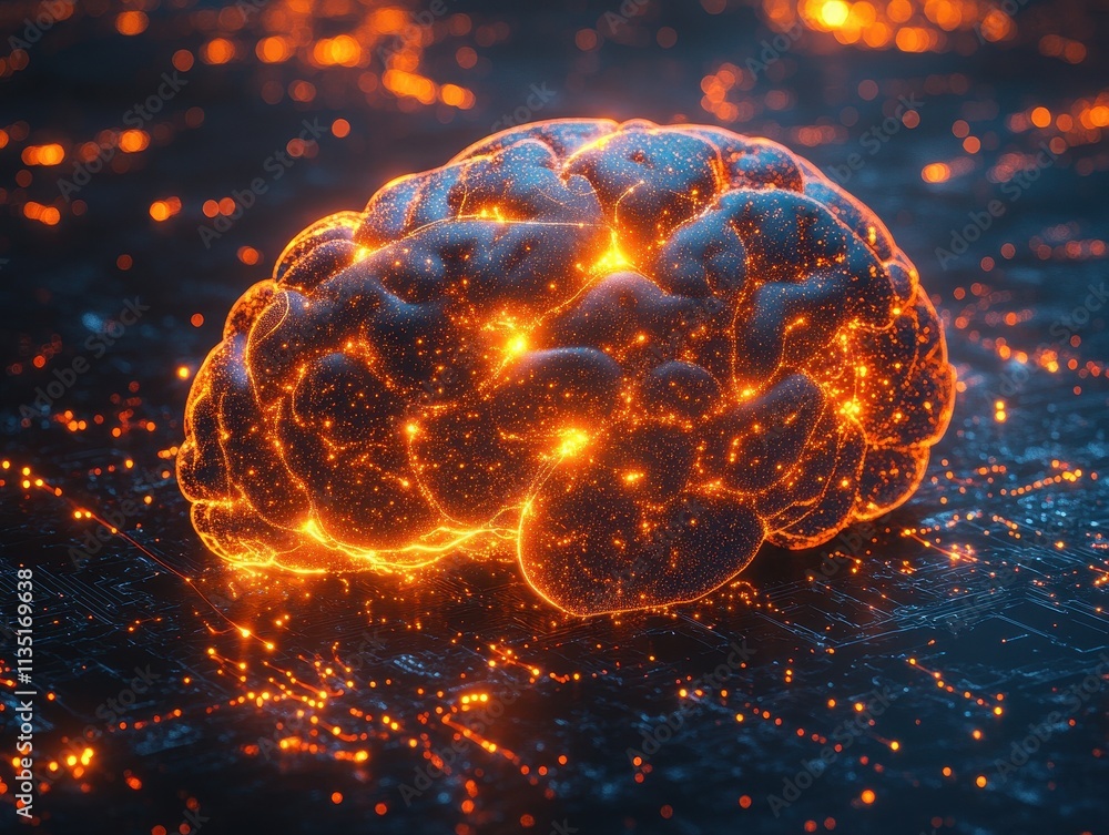 Glowing Human Brain on Circuit Board Abstract AI, Neural Network, and Artificial Intelligence Concept