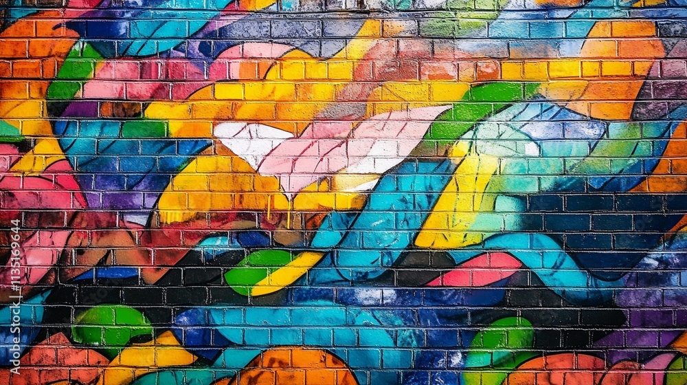 Obraz premium Vibrant Urban Art: A Colorful Graffiti Adorned Brick Wall Ideal for Backgrounds in Creative Projects or Street Culture Promotions