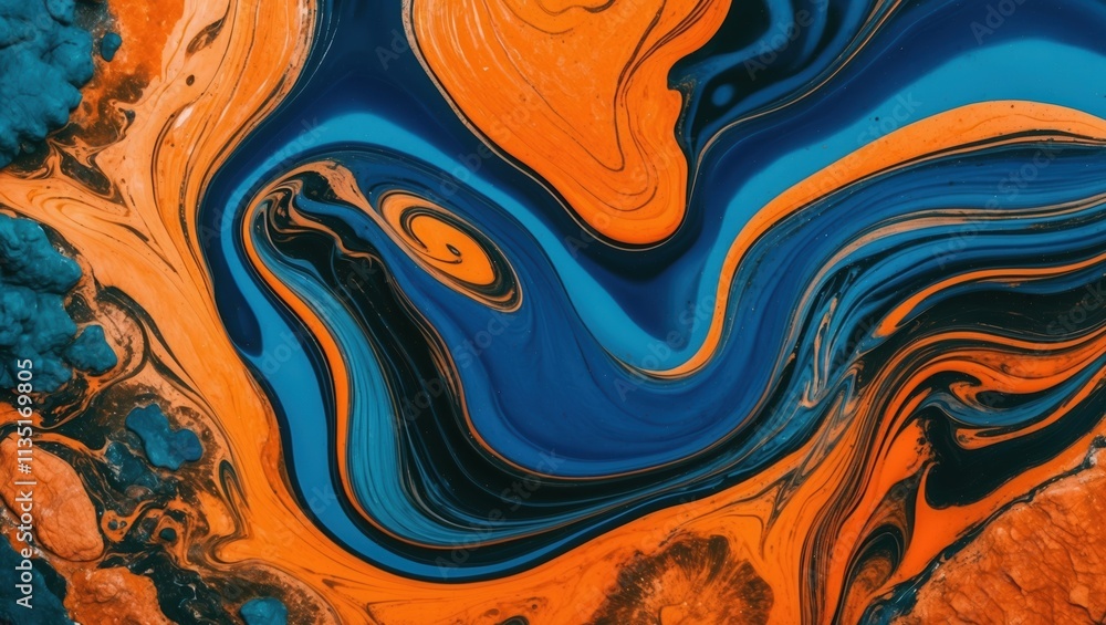 Abstract swirl of vibrant blue, orange, and black colors create dynamic visual texture resembling fluid movement and energy. Abstract swirl of vibrant blue, orange, and black colors create dynamic visual texture resembling fluid movement and energy.