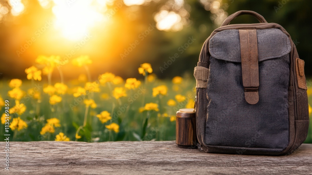 A stylish backpack rests on a wooden surface amidst a vibrant field of yellow flowers, illuminated by a warm sunset, Ideal for travel blogs, outdoor gear promotions, or lifestyle content, A stylish backpack rests on a wooden surface amidst a vibrant field of yellow flowers, illuminated by a warm sunset, Ideal for travel blogs, outdoor gear promotions, or lifestyle content,