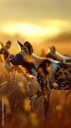 Wild dog pack in the savannah at sunset. Vertical wallpaper. photo