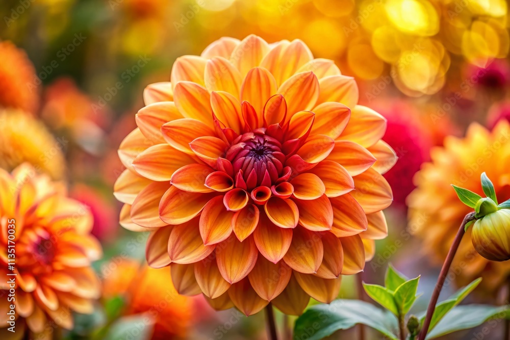 Stunning Documentary Photography of a Beautiful Dahlia Flower Displaying Warm Autumn Colors in a Lush Garden Setting, Highlighting Nature's Vibrant Palette and Seasonal Elegance Stunning Documentary Photography of a Beautiful Dahlia Flower Displaying Warm Autumn Colors in a Lush Garden Setting, Highlighting Nature's Vibrant Palette and Seasonal Elegance