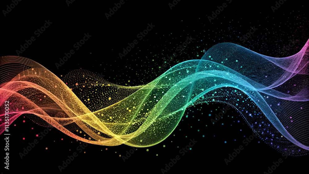 An abstract wave of multicolored particles flowing on a black background An abstract wave of multicolored particles flowing on a black background