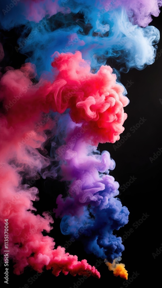 Fototapeta premium Vibrant smoke swirls in pink, purple, blue, and yellow against a black background, creating a dynamic and colorful explosion.