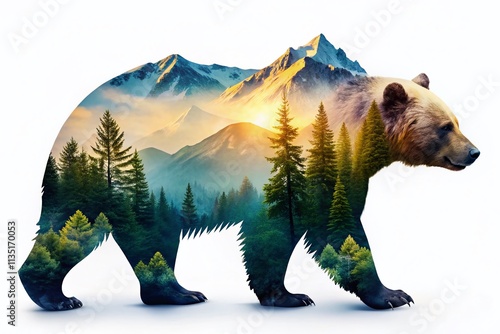 Stunning Double Exposure of a Bear Silhouetted Against Majestic Mountains on a T-Shirt Design, Merging Nature with Artistry for Outdoor Enthusiasts