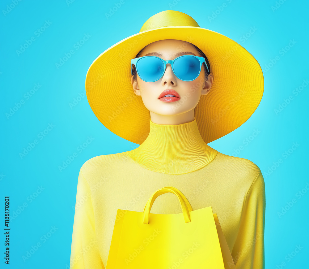 Woman in bright yellow outfit poses with shopping bag Woman in bright yellow outfit poses with shopping bag