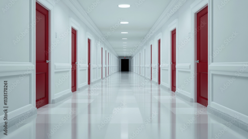 Fototapeta premium Dimly Lit White Hospital Corridor with Red Doors