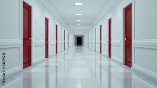 Wallpaper Mural Dimly Lit White Hospital Corridor with Red Doors Torontodigital.ca