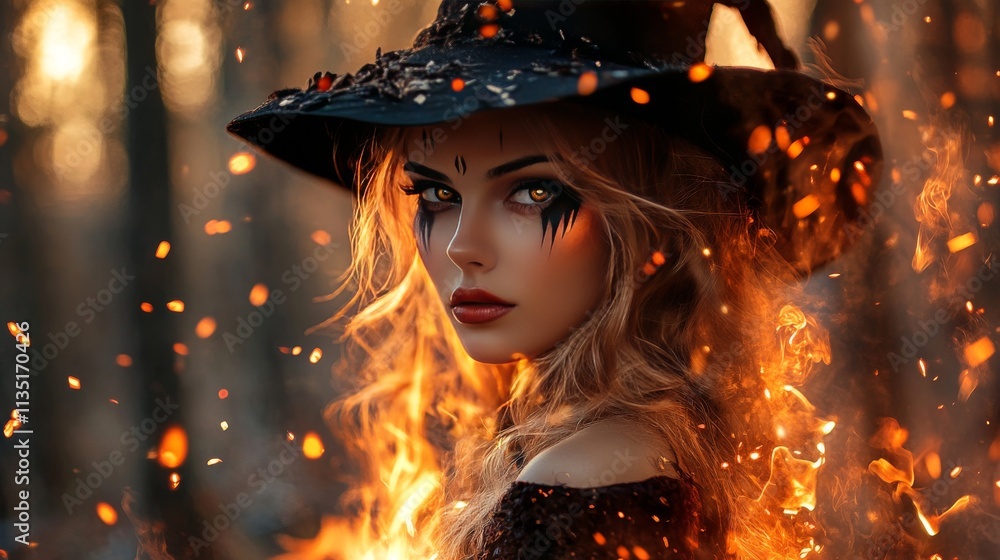 A striking portrait of a woman dressed as a witch, surrounded by flames and glowing embers. Her intense expression, fiery background, and dramatic lighting emphasize the powerful and mystical mood of A striking portrait of a woman dressed as a witch, surrounded by flames and glowing embers. Her intense expression, fiery background, and dramatic lighting emphasize the powerful and mystical mood of