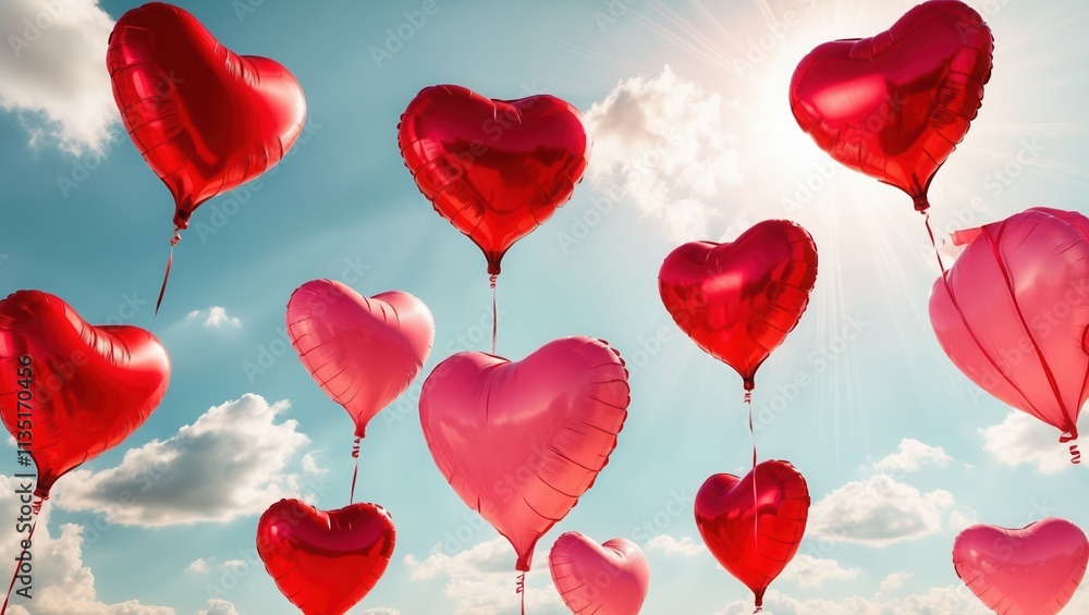 Heart-shaped balloons in red and pink hues floating against a bright blue sky, creating a romantic and festive atmosphere. Heart-shaped balloons in red and pink hues floating against a bright blue sky, creating a romantic and festive atmosphere.
