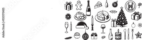 Retro vintage new year sketch set. Doodle line art contemporary minimalist prints. Christmas dinner table decor pine tree, food, wine or champagne. Hand drawn ink holiday menu elements collection 