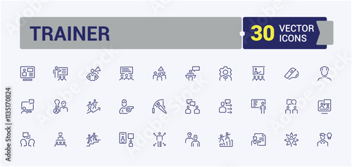 Coach line icons set. Includes icons for mentor, tutor, expert, thin, development, theory, team and more. Vector illustration in modern line style.
