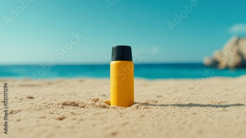 A vibrant yellow bottle sits in the soft sand with a picturesque beach backdrop, making it ideal for promotional content related to summer, outdoor activities, or product packaging in travel, photo