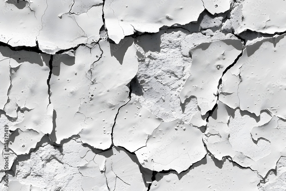 Obraz premium Textured Close-Up of Cracked and Peeling White Paint on a Wall