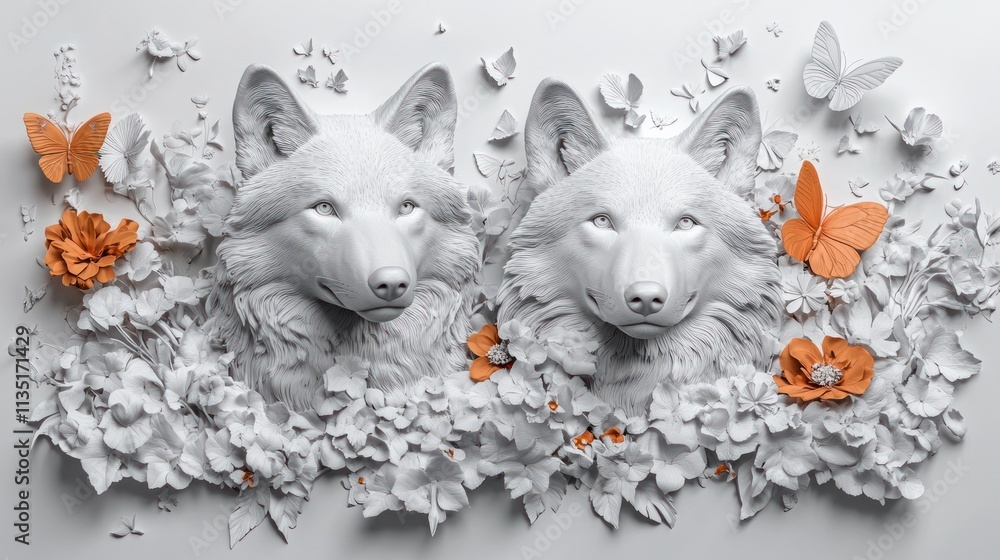 Fototapeta premium Two sculpted wolf heads amidst floral and butterfly decorations.