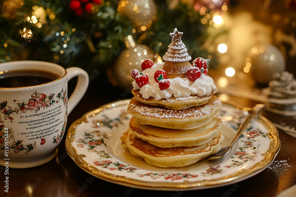 An inviting plate of stacked pancakes topped with festive decorations, served alongside a warm cup of coffee in a cozy, welcoming setting. An inviting plate of stacked pancakes topped with festive decorations, served alongside a warm cup of coffee in a cozy, welcoming setting.