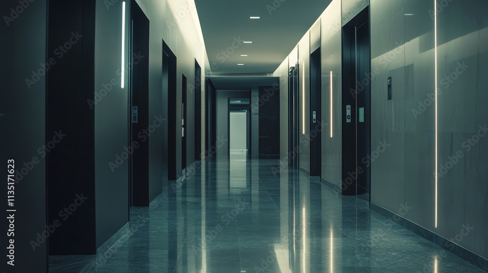 Modern Hotel Hallway with Elevator Doors and Lights Modern Hotel Hallway with Elevator Doors and Lights