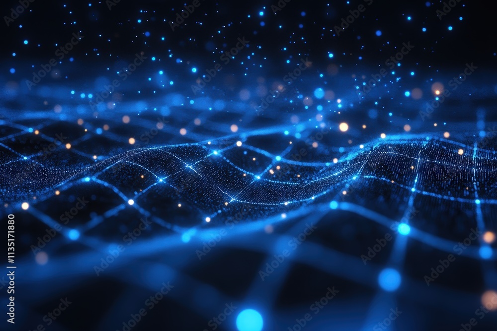 Obraz premium Abstract dark blue background, sparkling blue light particles, deep depth of field, particles forming lines, surfaces, grids