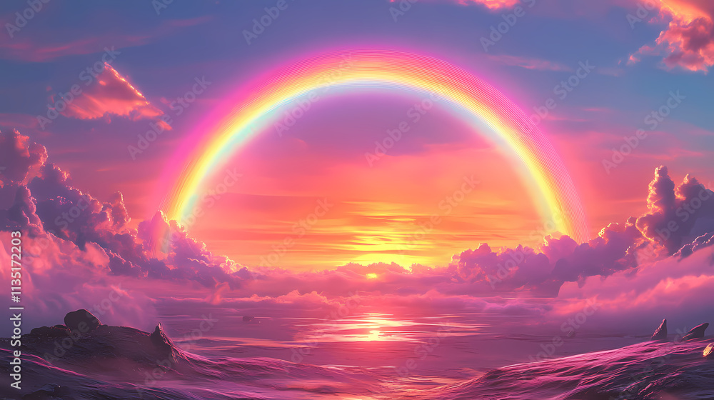 Landscape with rainbow and sun, rainbow, landscape, sun, colourful, illustration, ai generated. Parhelion. Illustration Landscape with rainbow and sun, rainbow, landscape, sun, colourful, illustration, ai generated. Parhelion. Illustration